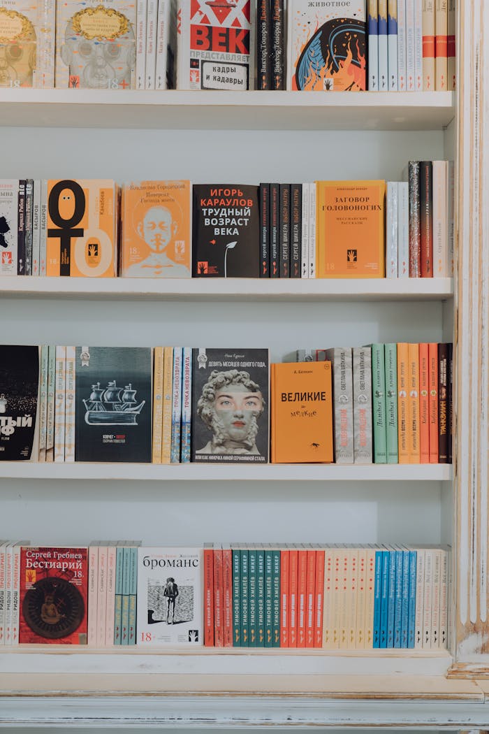 A vibrant collection of books displayed on a decorative white bookshelf.